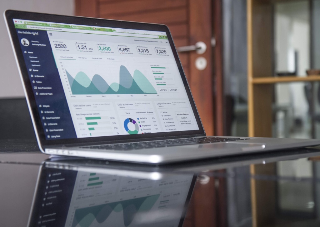 Data analysis-brand audits. Laptop screen displaying data charts and analytics dashboard, representing brand performance tracking.