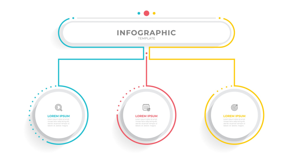 Clean infographic template with three circular sections Minimalist infographic template with three connected circular sections in blue, red, and yellow.