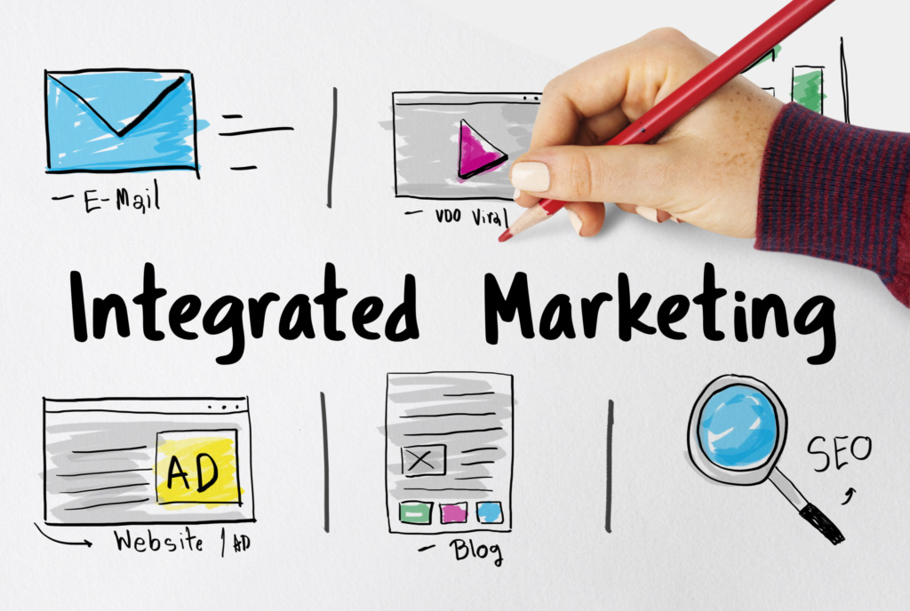 Integrated marketing strategy illustration Hand-drawn illustration showing email, video, ads, blog, and SEO under the heading “Integrated Marketing,” with a hand holding a red pencil.