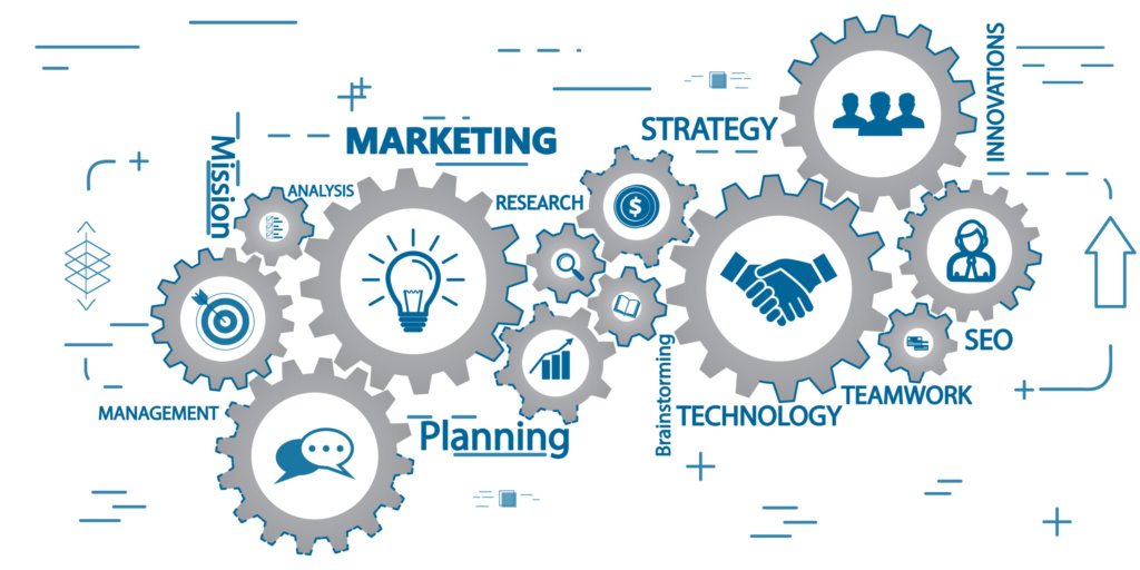 Integrated marketing and communication strategy system Graphic of interconnected gears with icons and words like marketing, planning, strategy, technology, SEO, and teamwork, representing an integrated communication system.