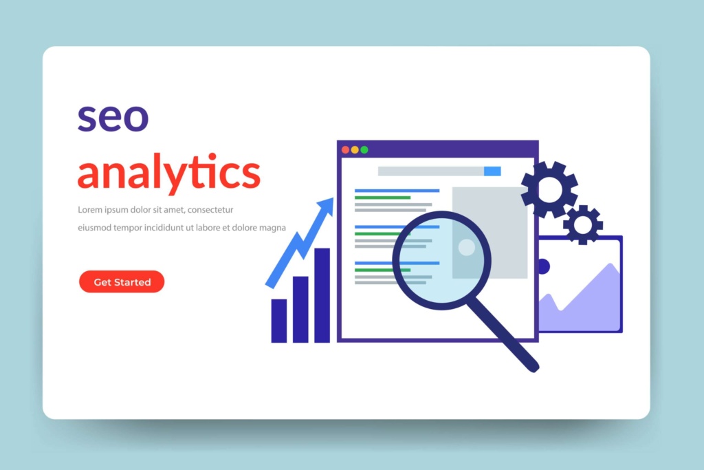 SEO analytics graphic for healthcare website ranking blog SEO analytics illustration with magnifying glass, website results, gears, and growth chart.