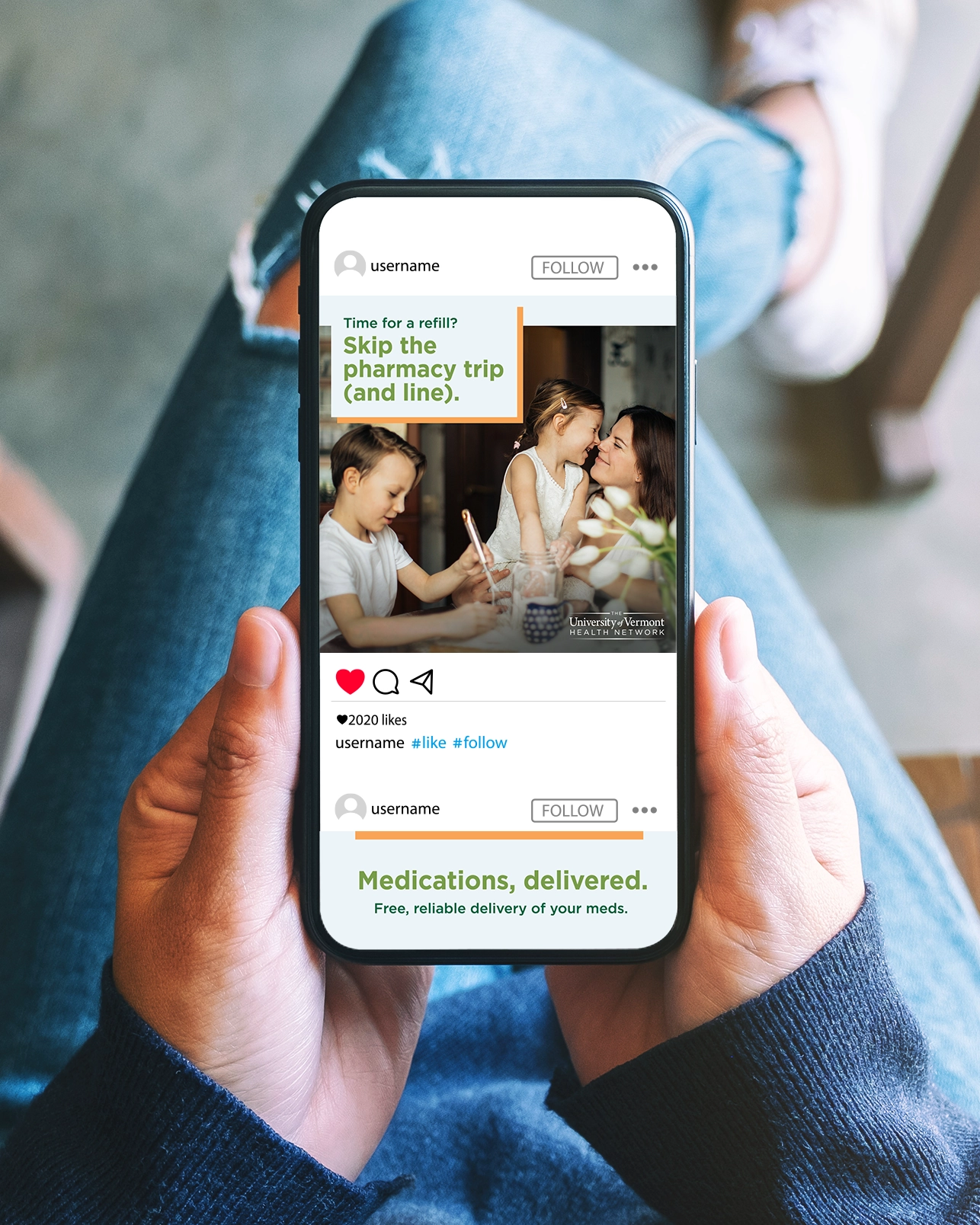 woman holding phone looking at social ad for mail order pharmacy