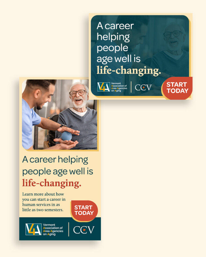 Digital ads advertising Senior Solutions and Community College of Vermont's pathways to a career in caretaking
