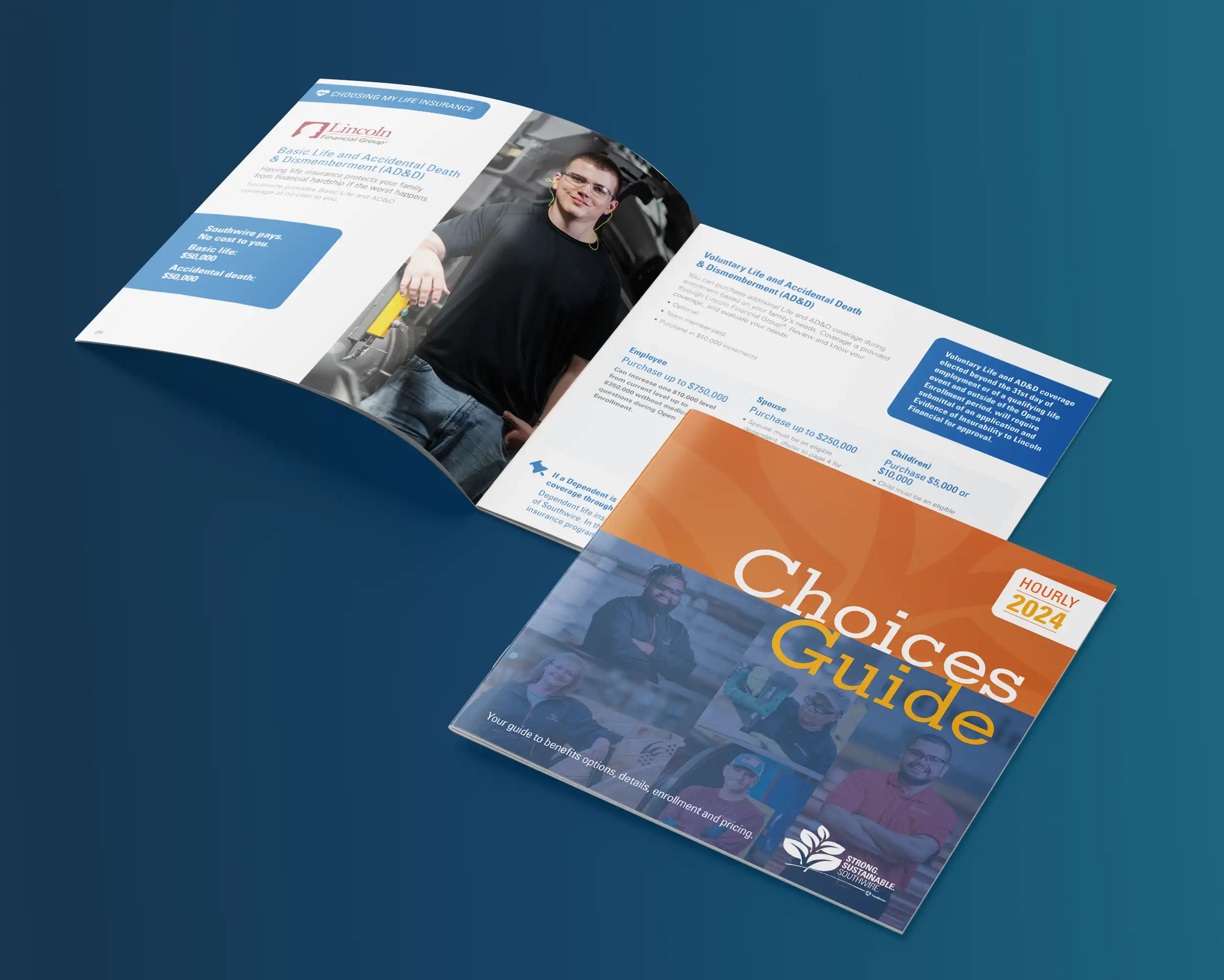 Open spread and cover of Southwire guide explaining employee healthcare benefits