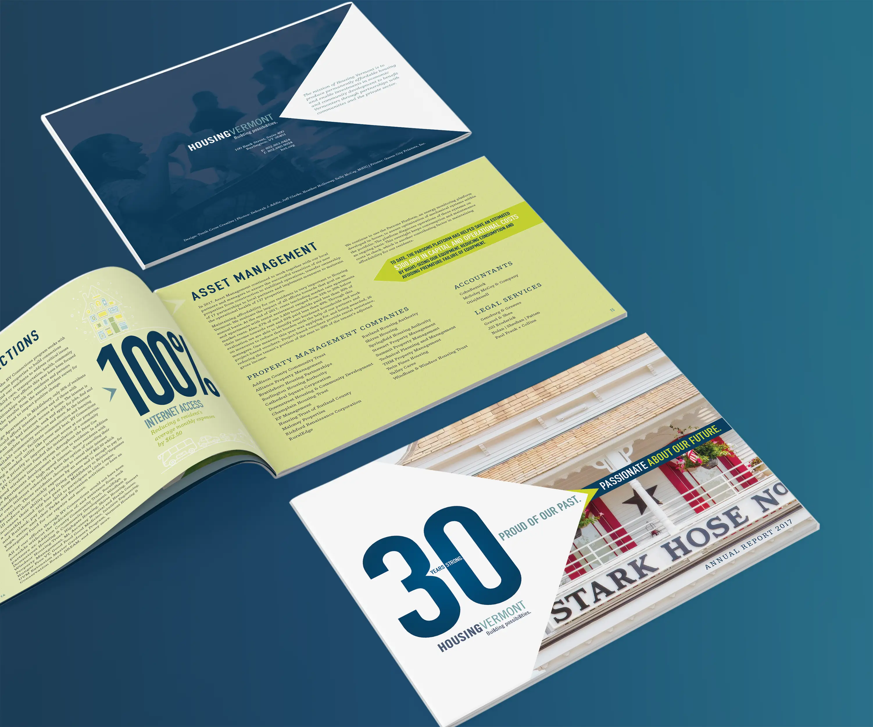 Annual report on blue background showing cover, spread and back cover