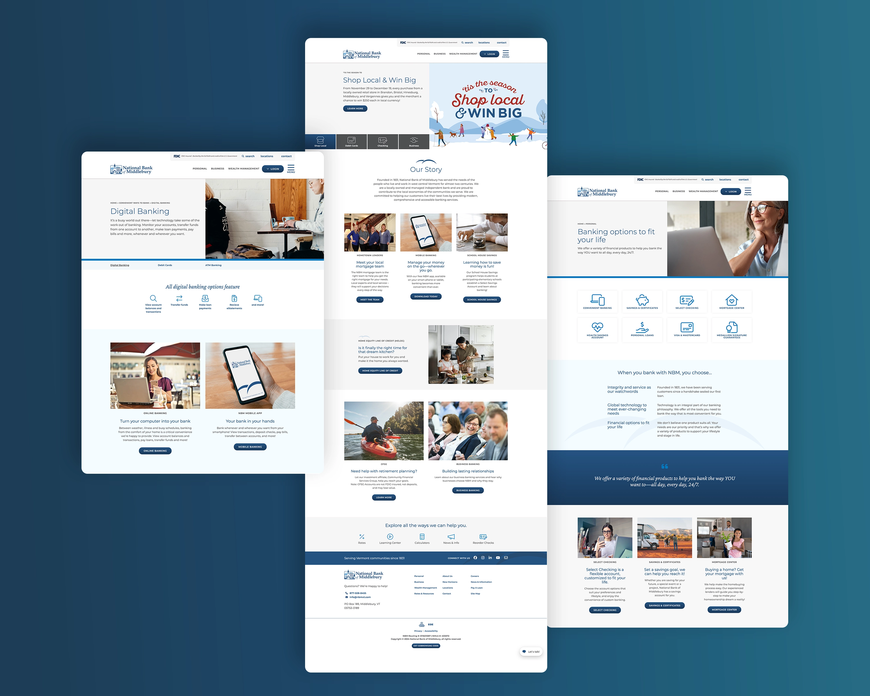 Several pages from National Bank of Middlebury's responsive website showing different page layouts