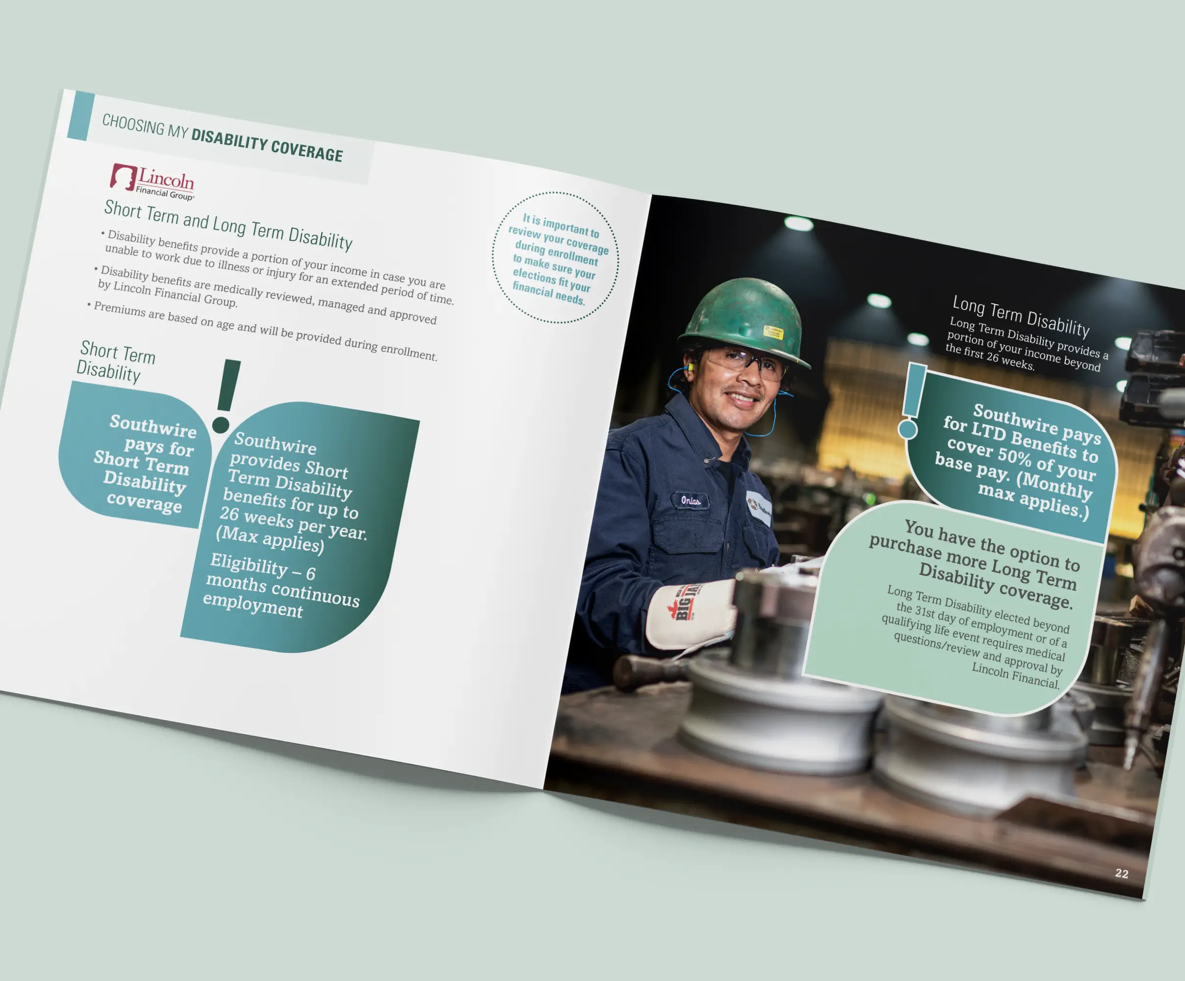 Open spread of Southwire hourly guide explaining employee healthcare benefits