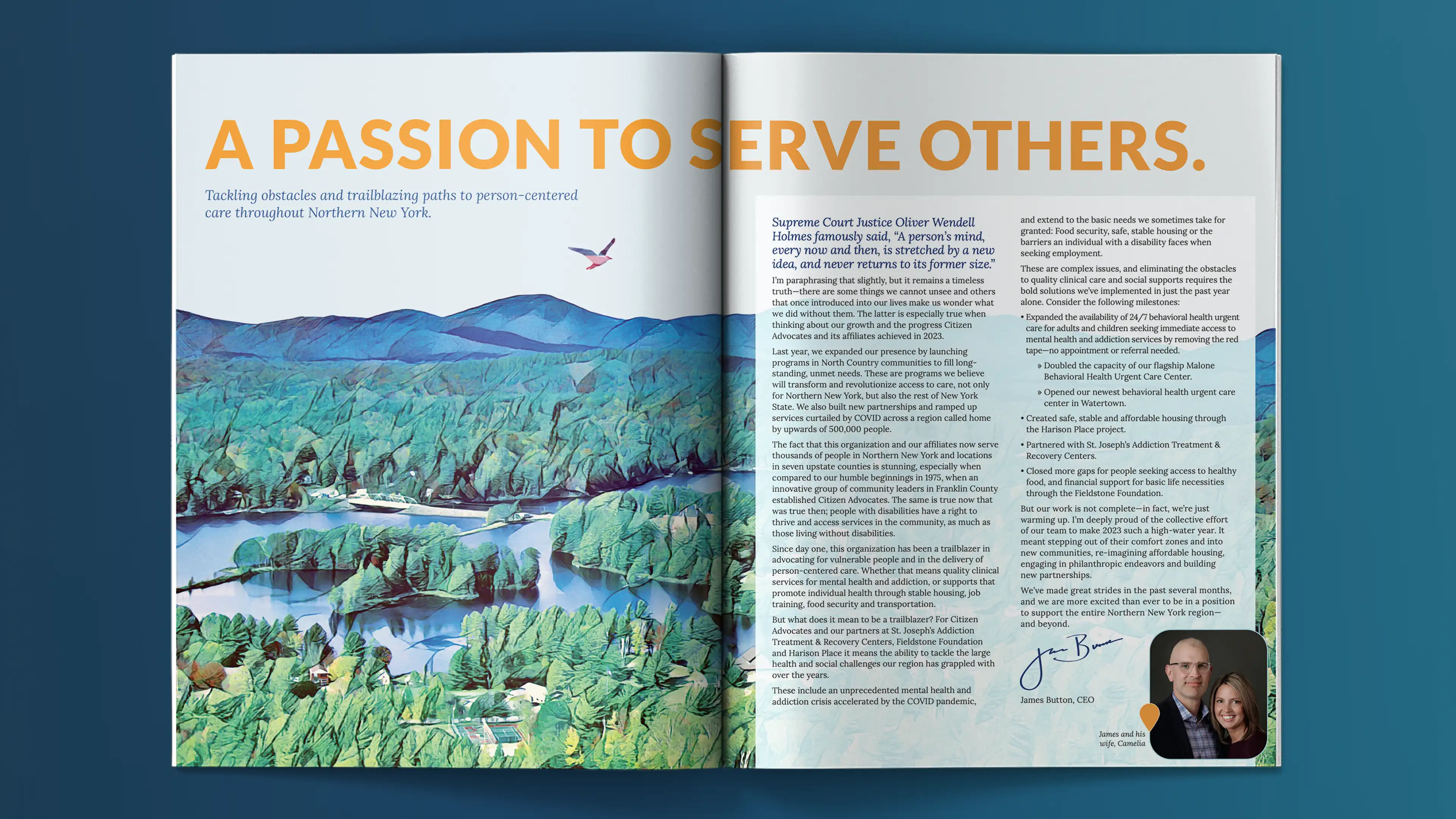 Open spread of Citizen Advocates Impact Report showing letter from the CEO James Button