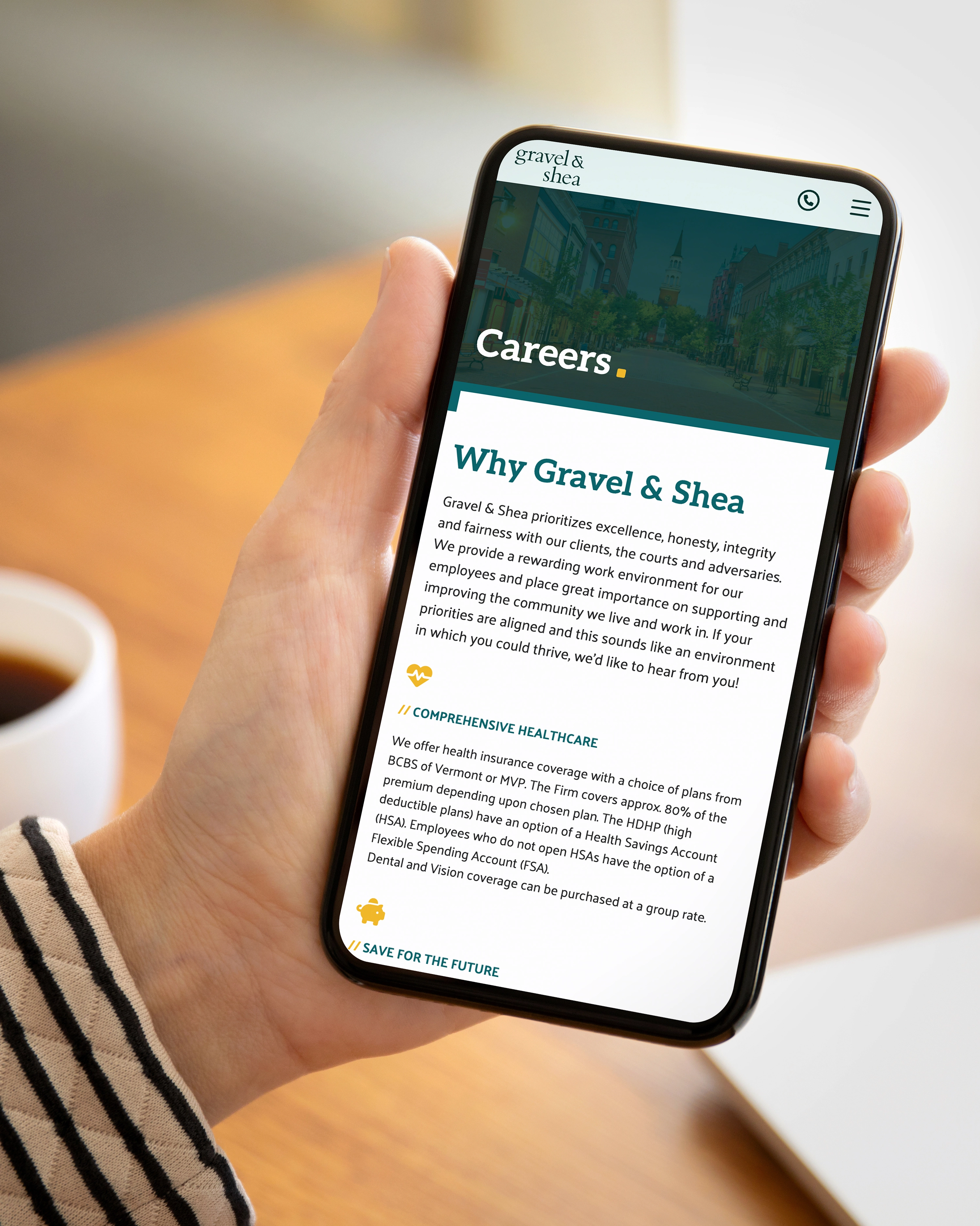 Careers page in Gravel & Shea's website displayed on phone