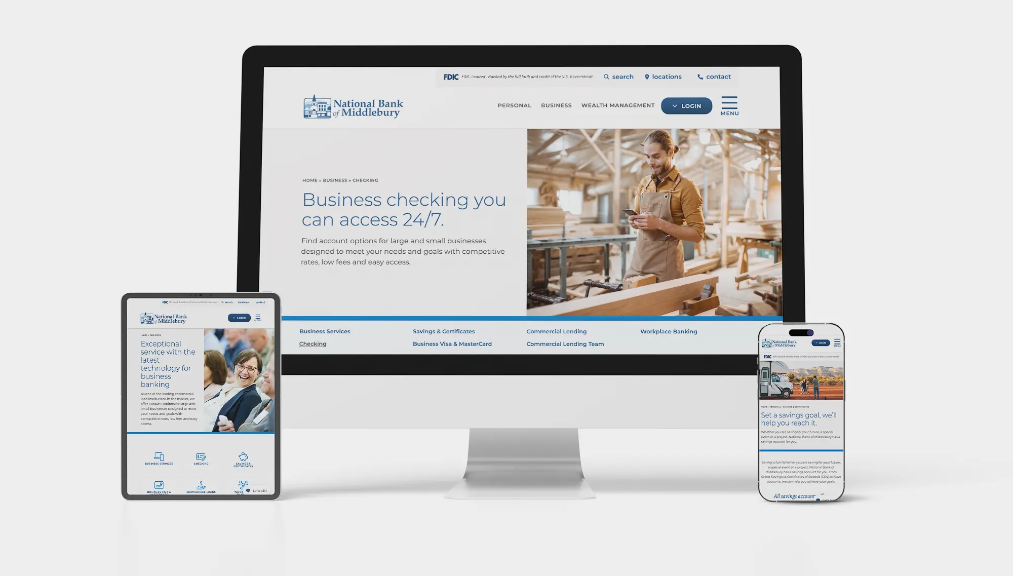 multiple sized screens showing different pages of the new National Bank of Middlebury responsive website