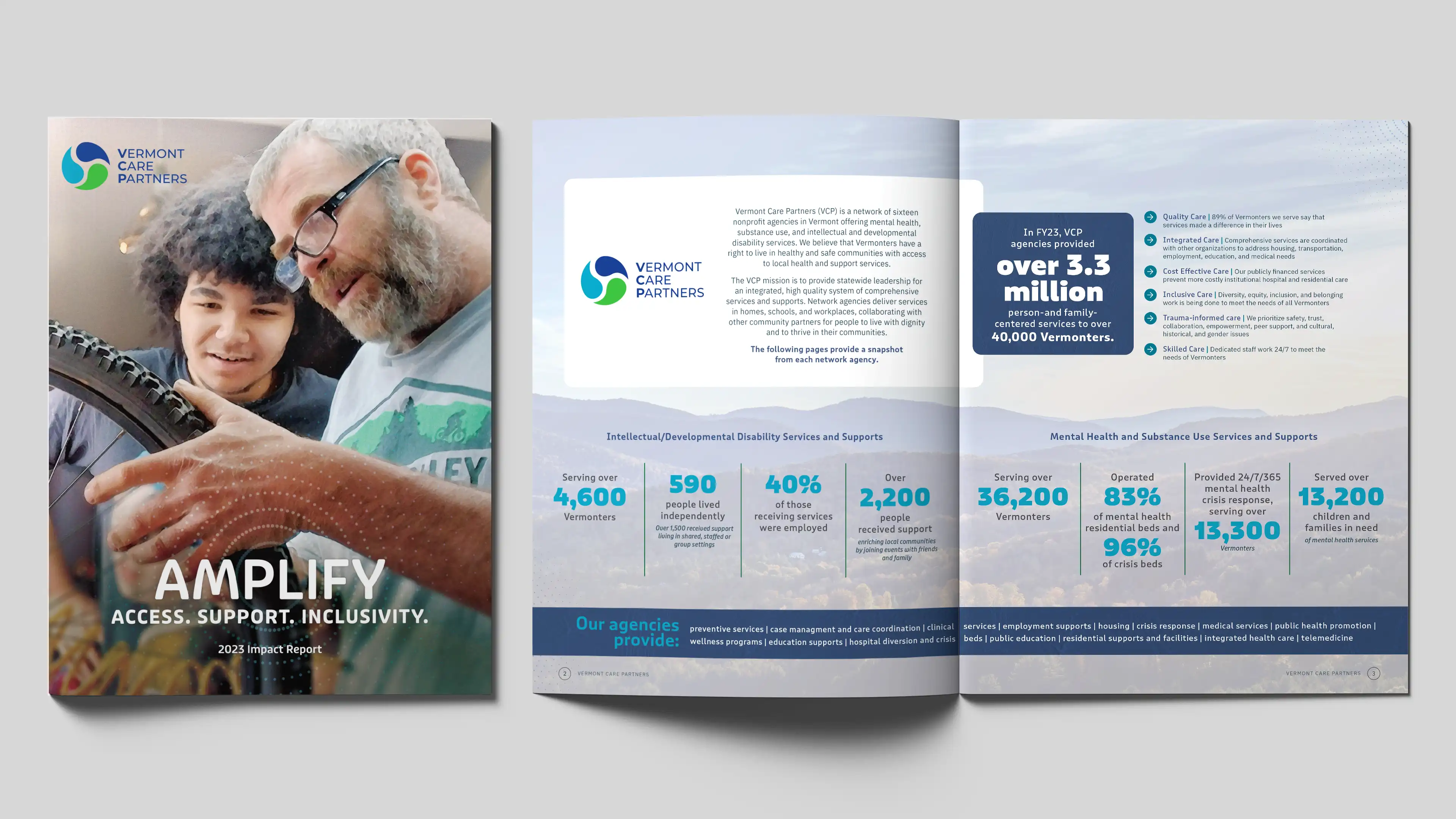 Cover and inside spread of Vermont Care Partners 2023 annual impact report
