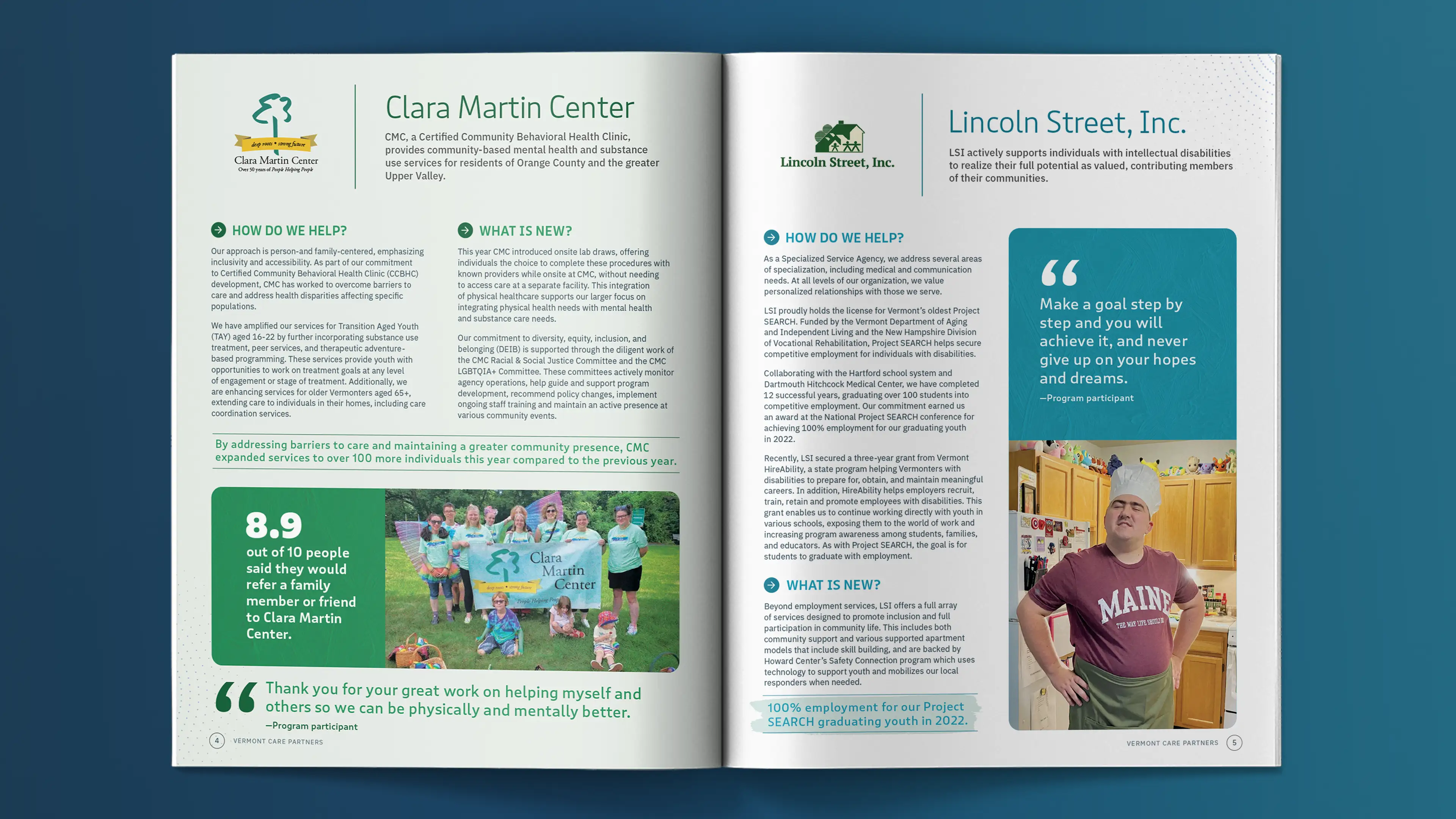 Open spread of Vermont Care Partners impact report highlighting Clara Martin Center and Lincoln Street Inc.