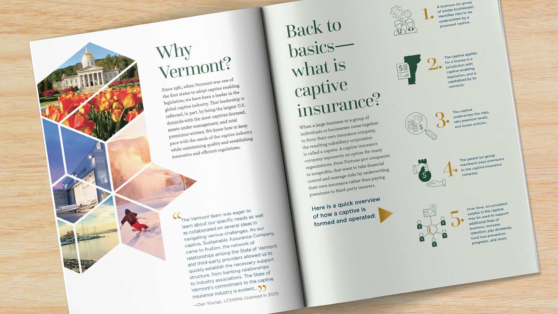Open spread of Vermont Captive Insurance brochure explaining why vermont and what is a captive
