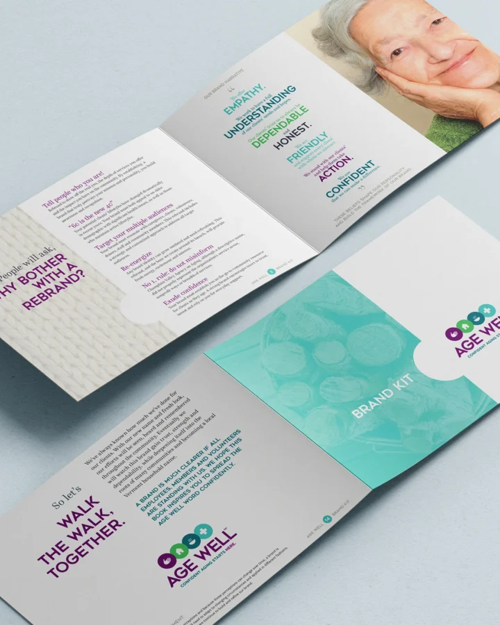 Inside and cover spread of Agewell brand book and guide