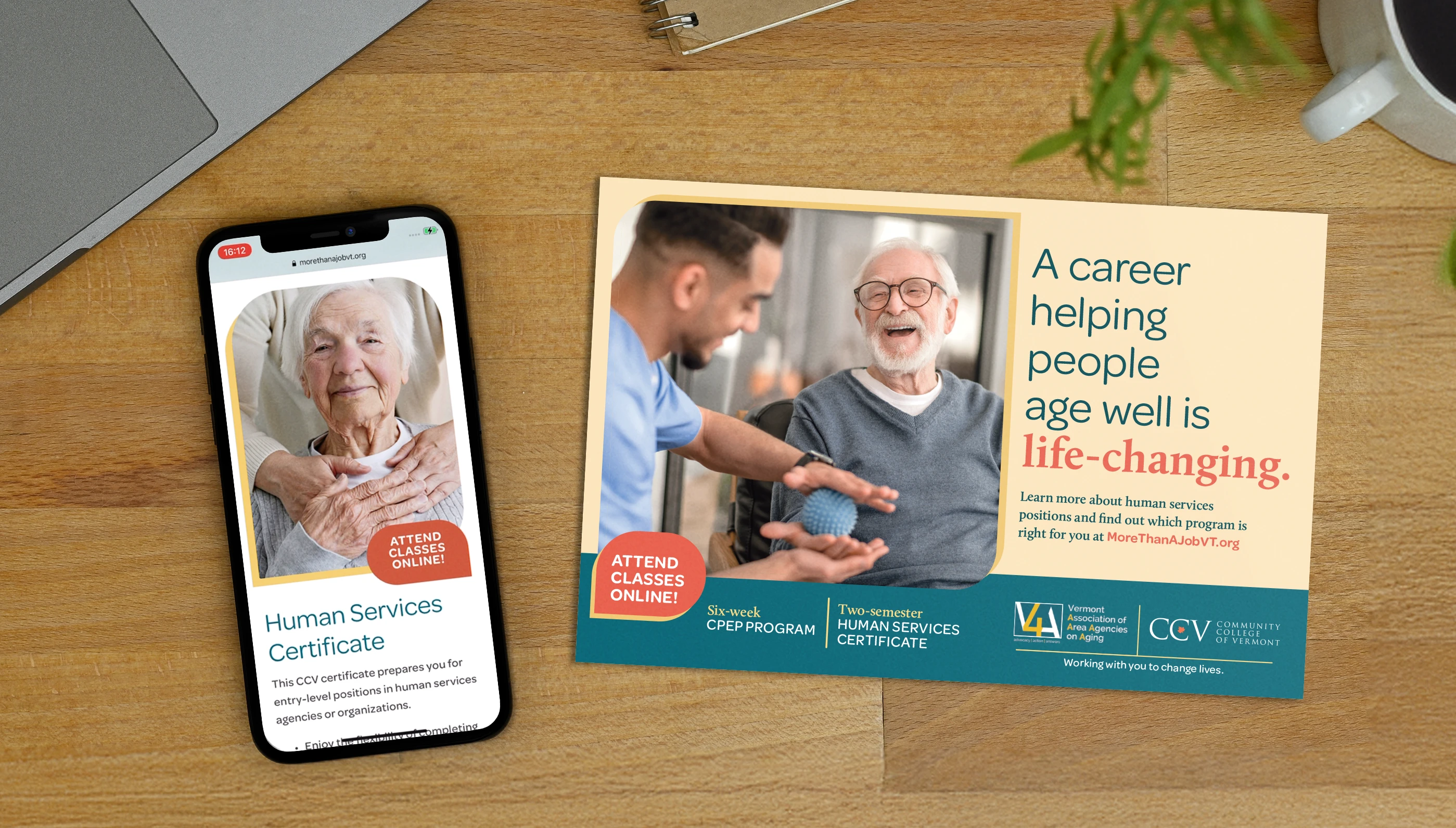 phone showing website for the Senior Solutions of Vermont campaign next to a direct mail for the same campaign