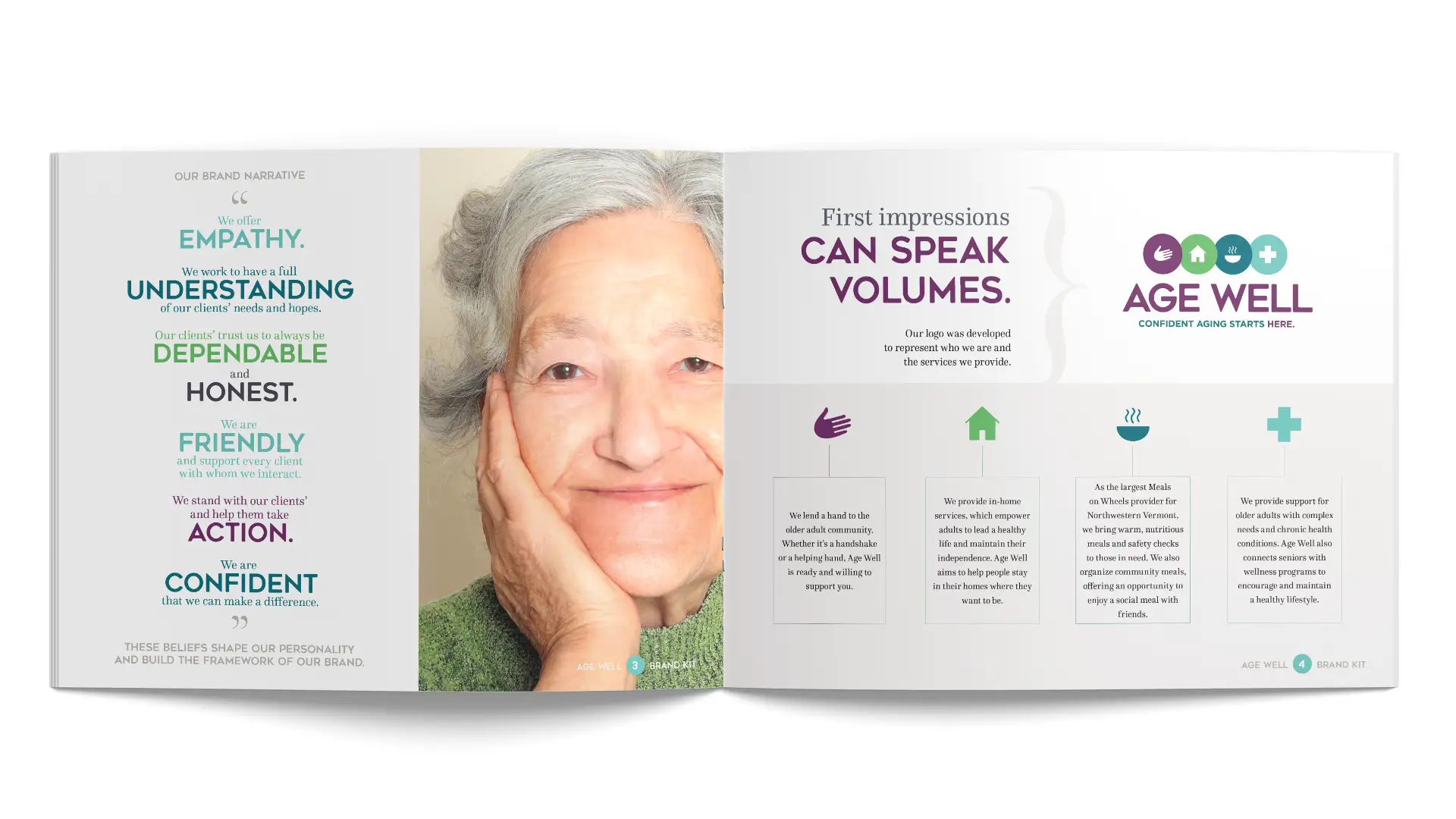 Inside spread of the Age Well brand identity guide. Shows an image of a older woman accompanied by text that represents Age Well as a brand.