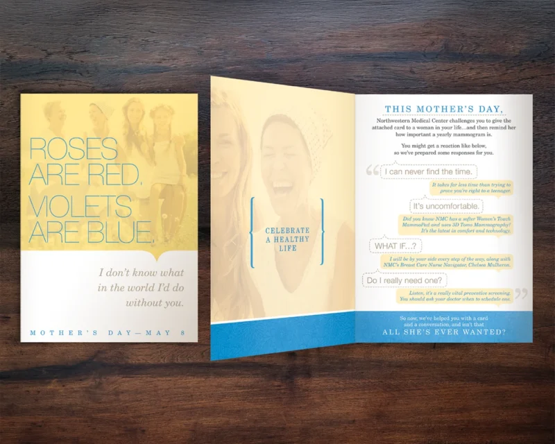 Cover and inside spread of direct mail for Northwestern Medical Center Mammography