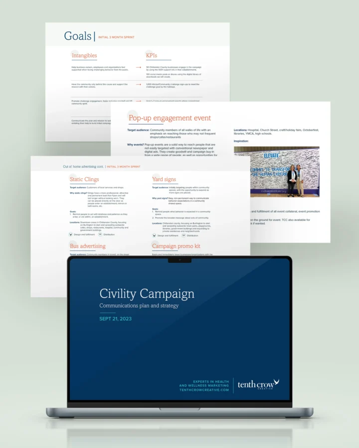 Marketing campaign pages displayed on laptop and floating above it