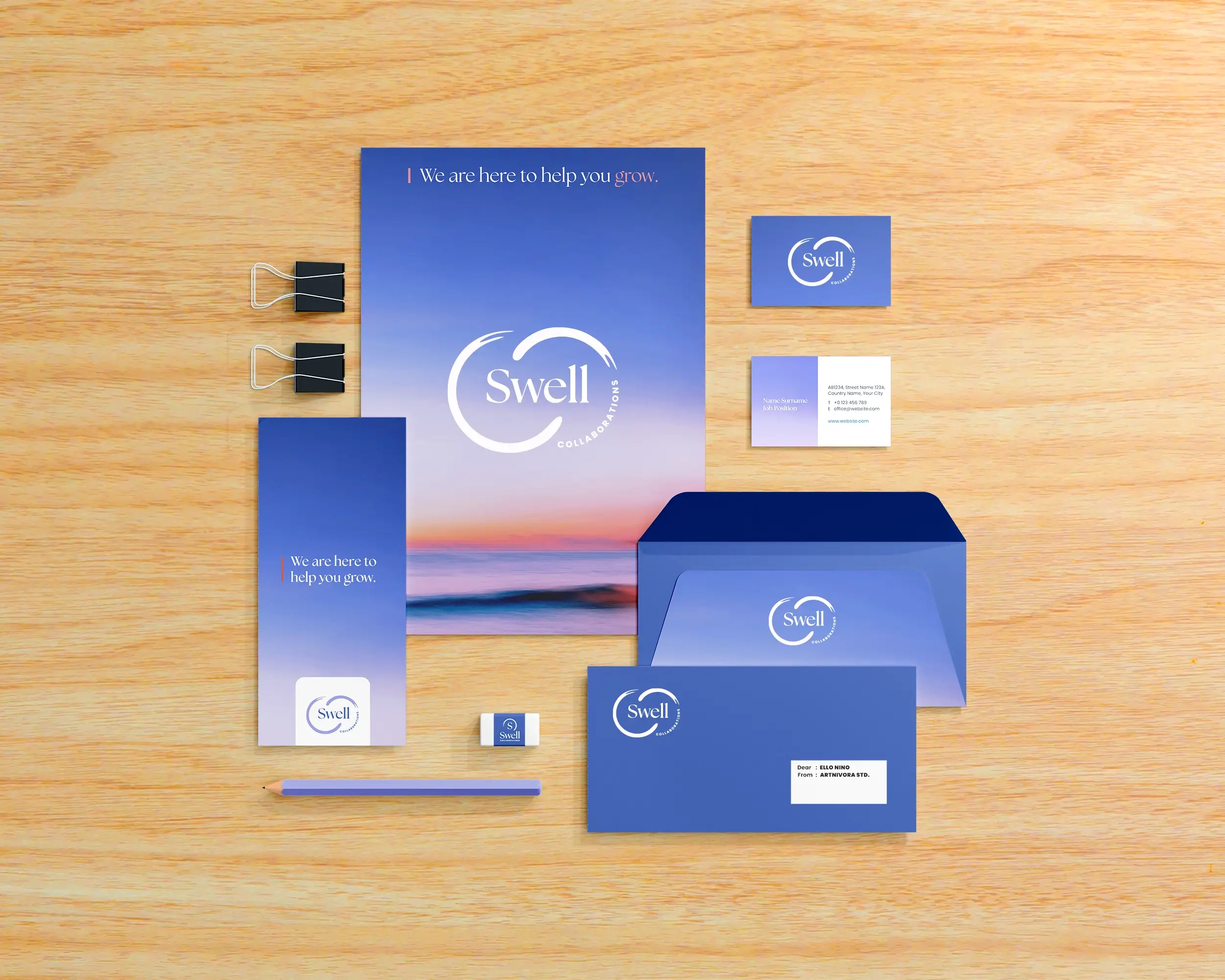 Swell visual identity applied across branded materials, including business cards, envelopes, letterhead, and marketing collateral.