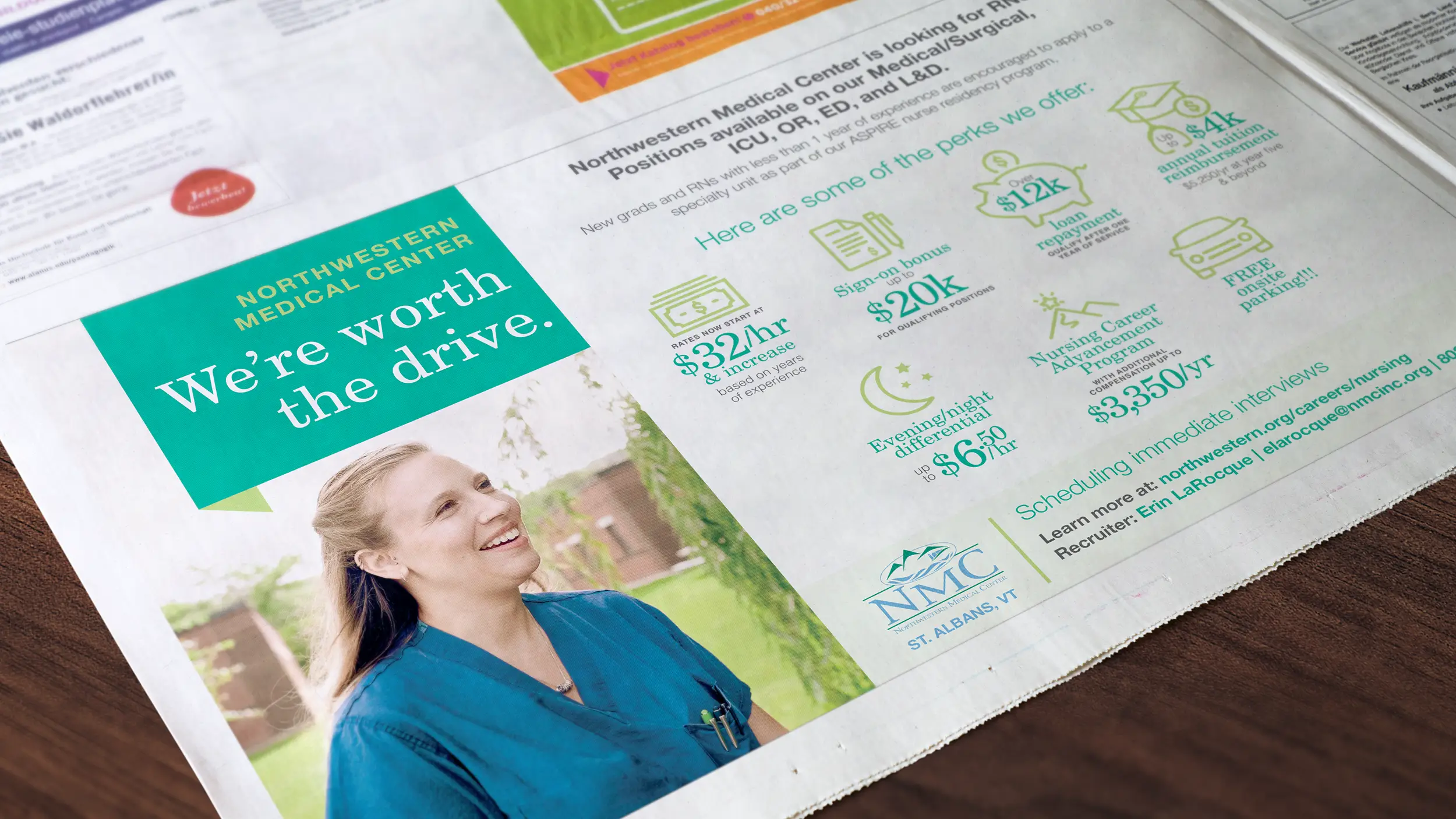 open newspaper showing nurse recruitment advertisement