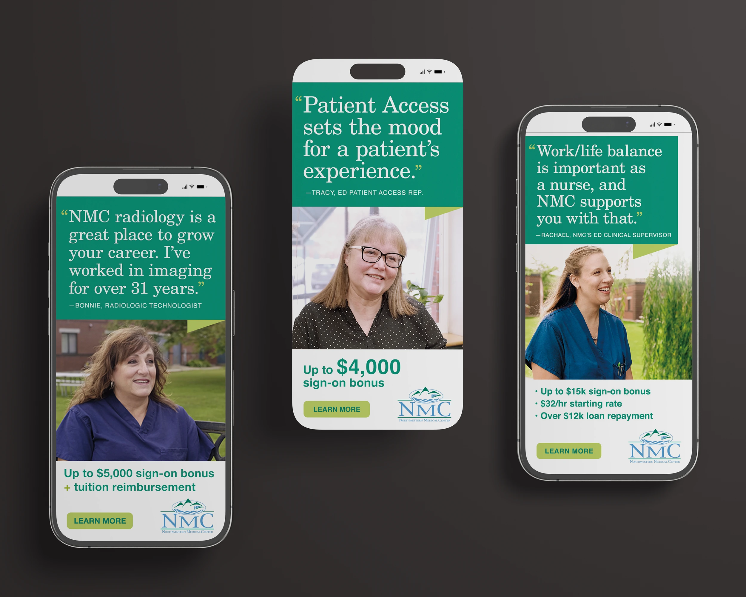Northwestern Medical Center radiology ads shown on three different mobile devices