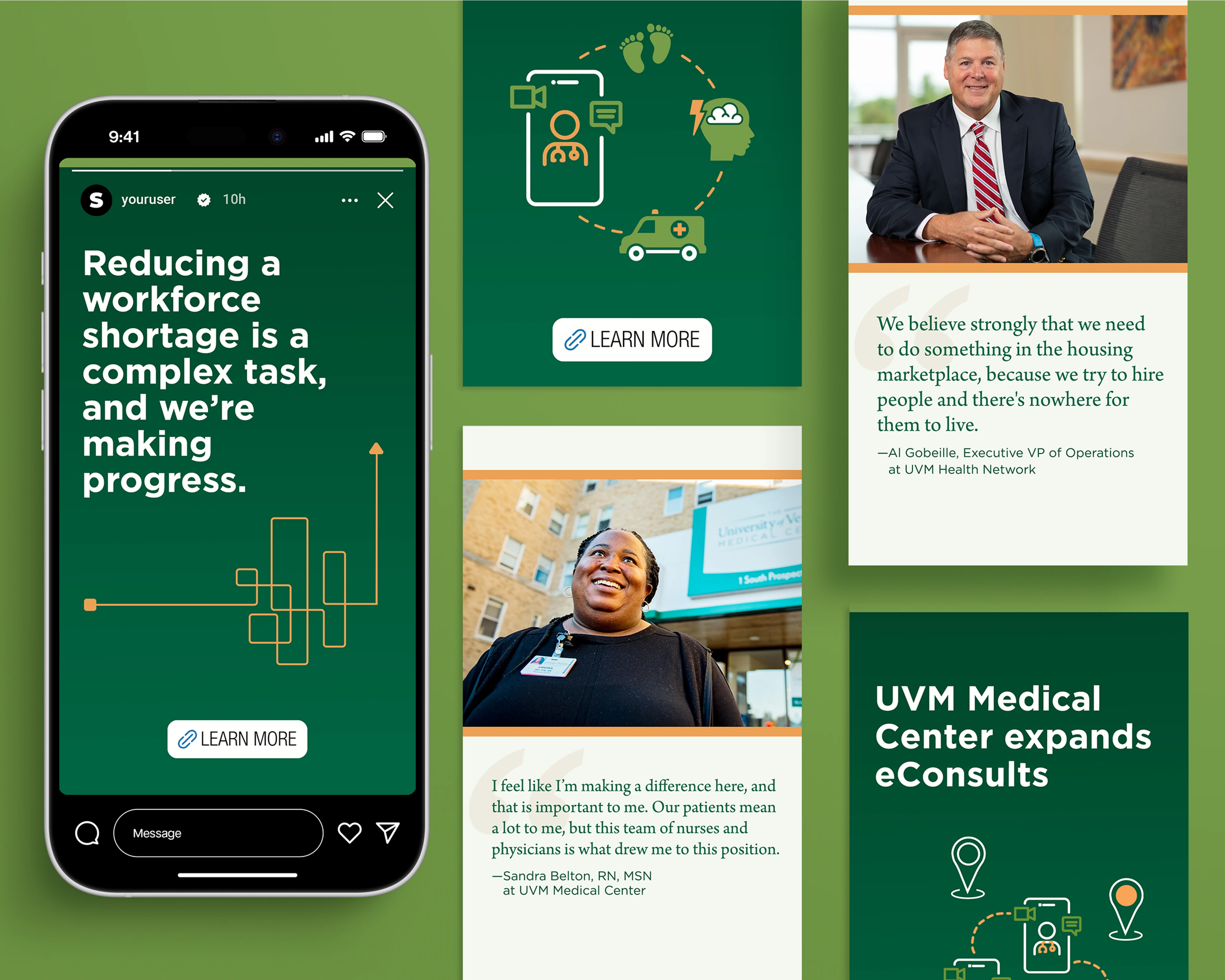 Examples of social media ads created for UVM Health Network featuring staff quotes, recruitment messaging, and healthcare service announcements.