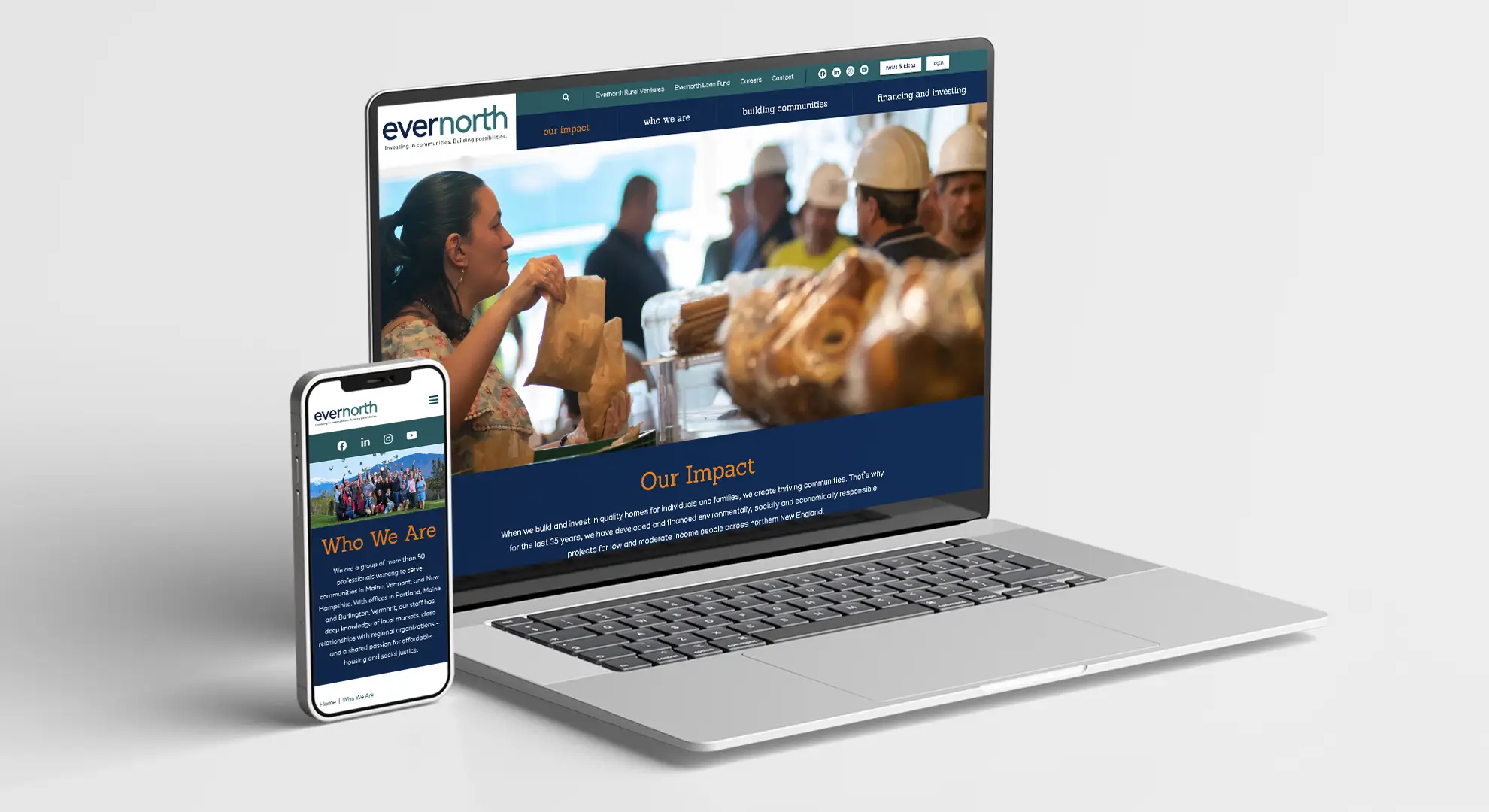 A computer and mobile device showing the Our Impact page on the Evernorth website