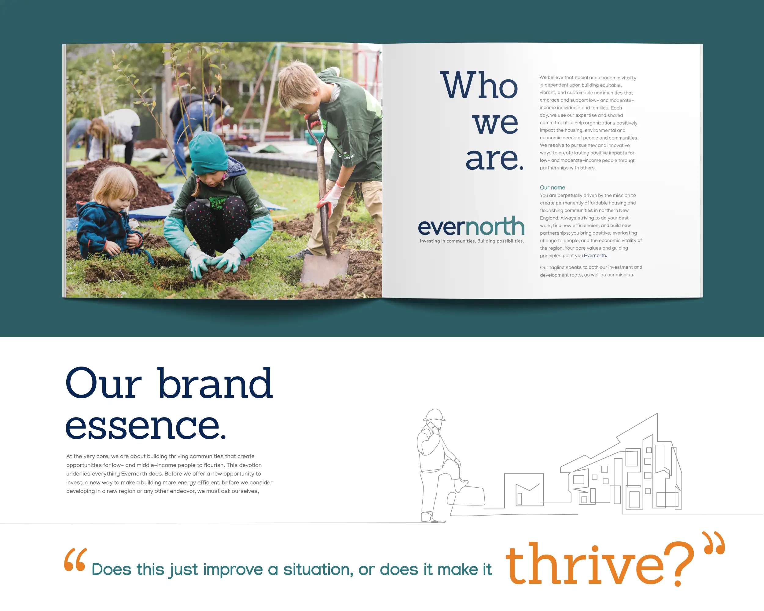 Image for brand book for Evernorth. Shows children gardening and a small text page of "who we are"
