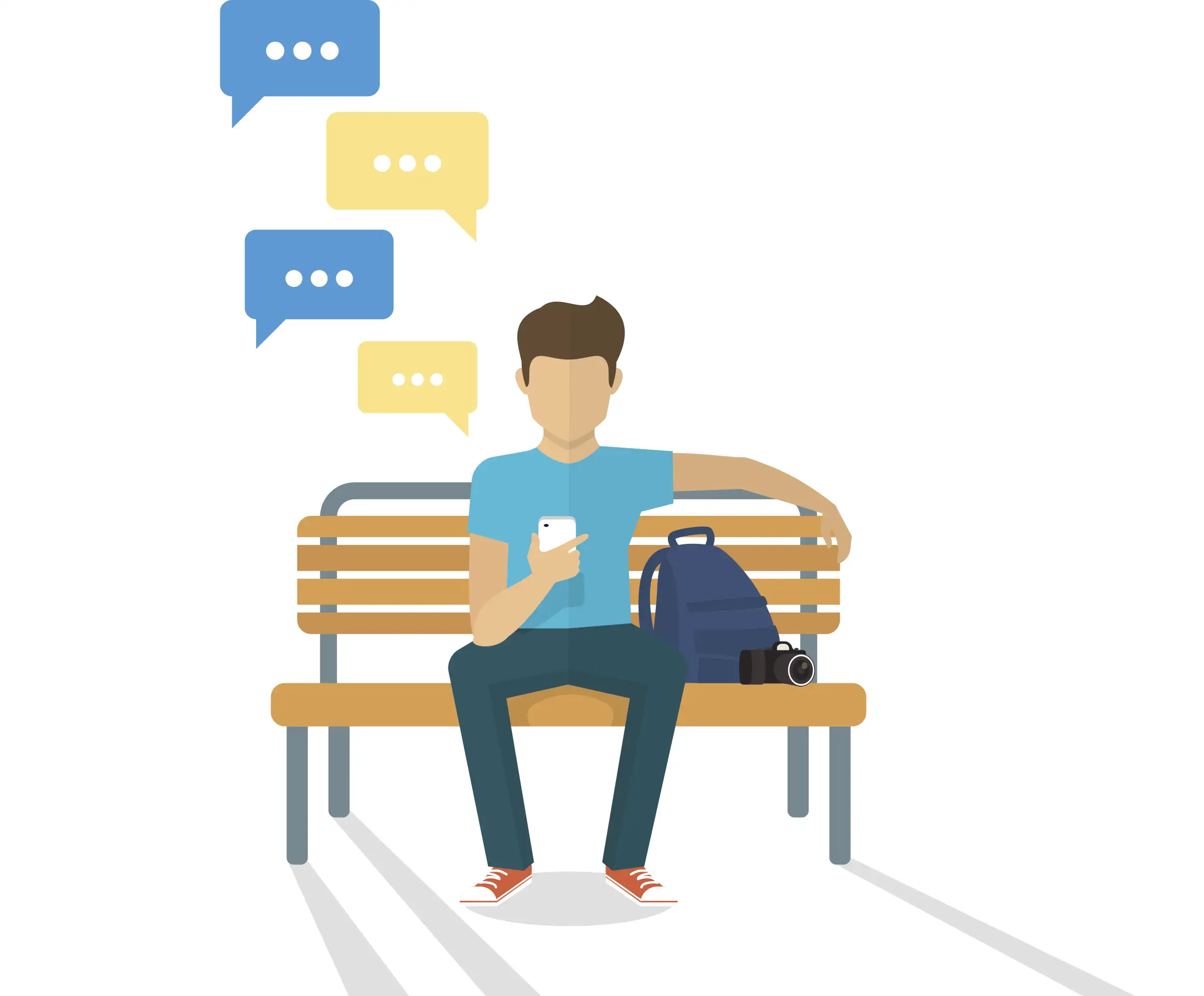 Image of a graphic of a young man sitting on a bench reading his messages