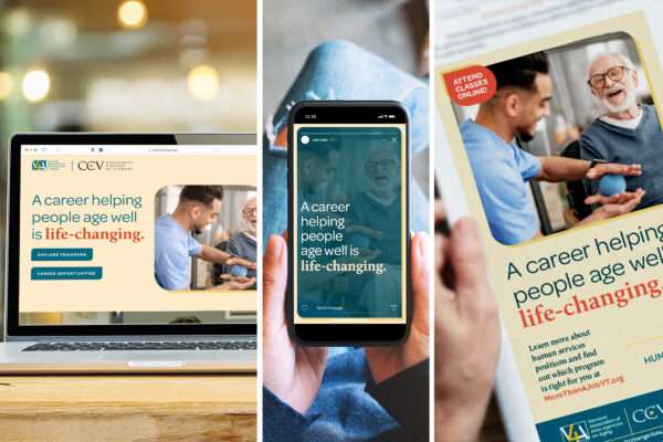 Examples of campaign materials including the microsite, mobile ad, and flyer promoting a career in senior care.
