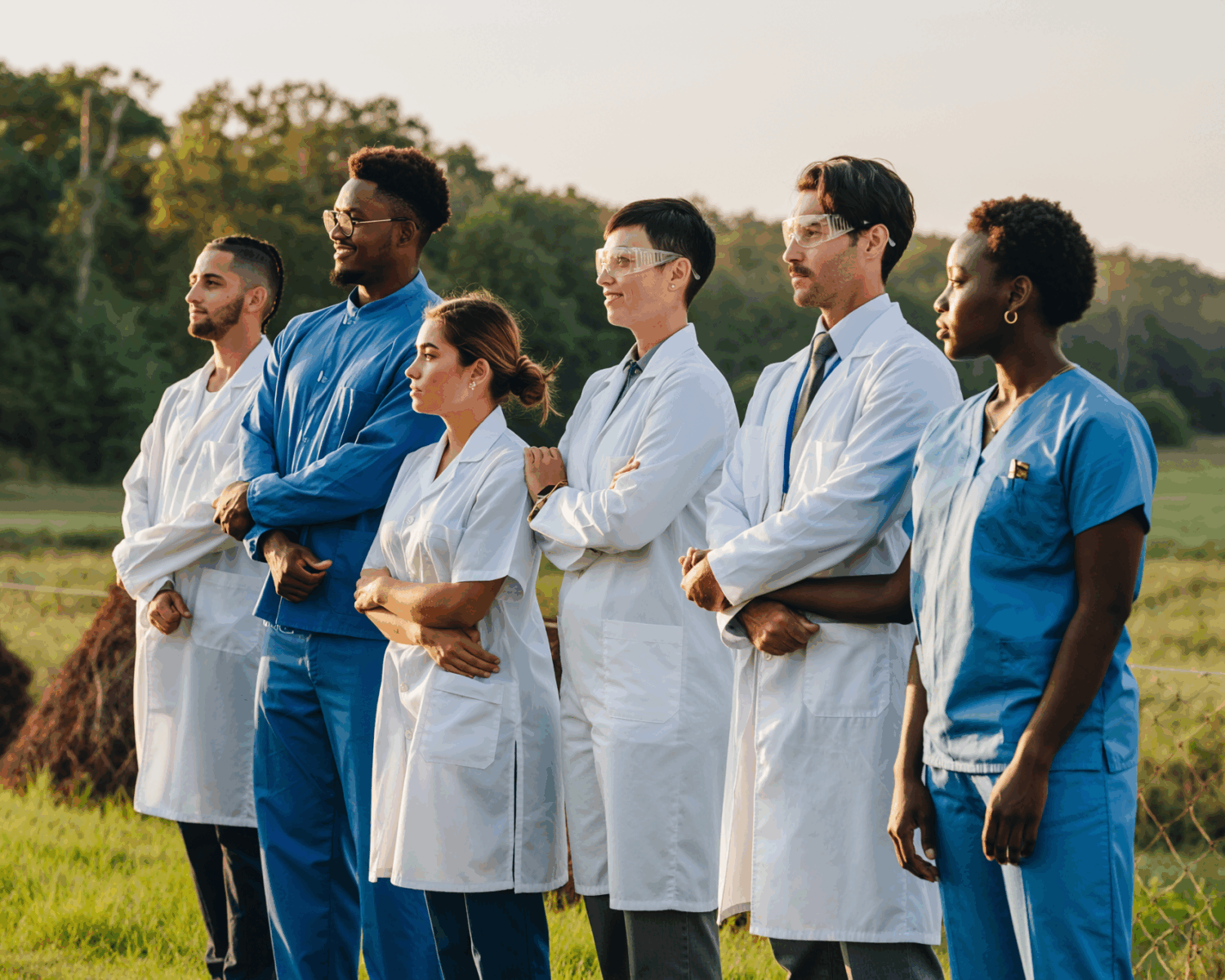 This is an image of doctors and nurses standing in a field.
